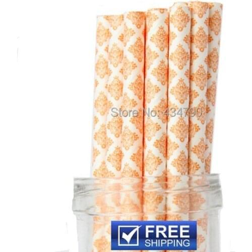 200pcs Halloween Party Paper Straws Orange Damask Printed,Dining Table,Cocktail Event,Cake Pop Sticks,Choose Your Colors