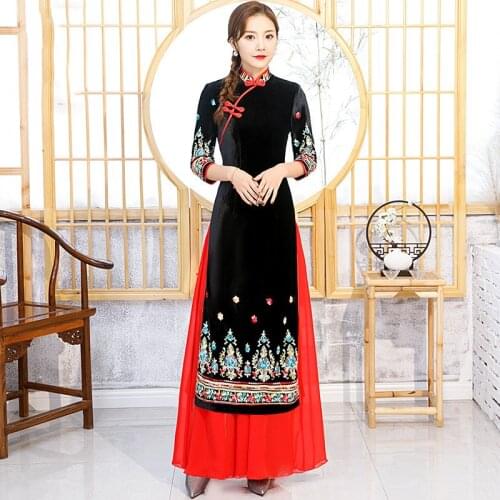 Ao Dai Vietnam Evening Dresses Long Traditional Chinese Wedding Dress Velvet Cheongsam Qipao Modern Plus Size Womens Clothing