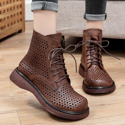 Summer Women Ankle Boots Female Retro Handmade Genuine Leather Hollow Out Sandals Wedge Womens Shoes Soft Bottom Women Boots