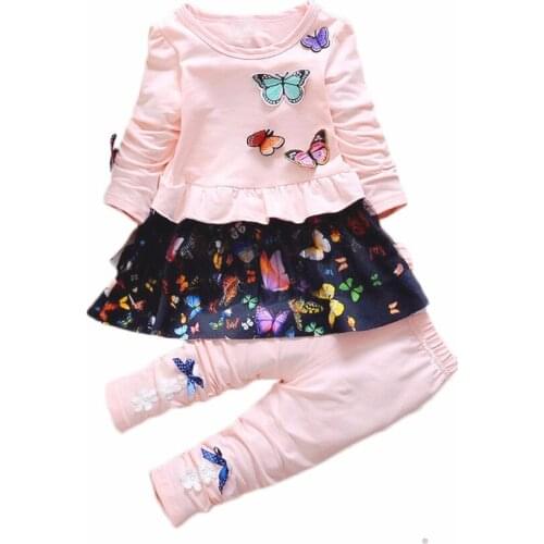 New Children Clothing Autumn Girls Clothing Sets Butterfly Dress + Pants 2 Pcs Baby Girl Clothes Cotton Girls Dress Kids Suits