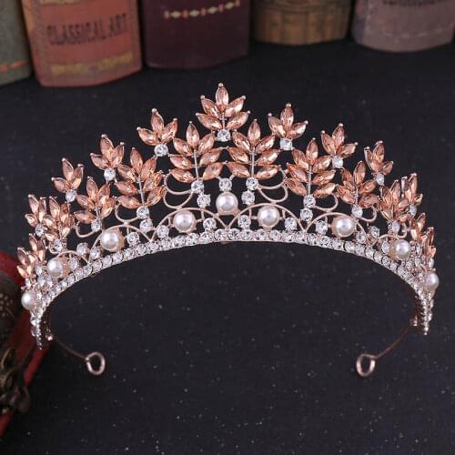 FORSEVEN Vintage Baroque Blue/Rose Gold Color Crystal Simulated Pearls Round Tiara Crowns Diadem Royal Princess Queen diadema