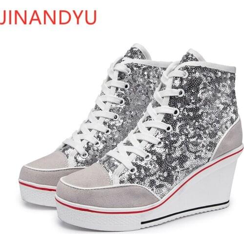 Bling Platform Wedges Shoes for Women High Top Sneakers Ladys Casual Sport Shoes Women Fashion Lace Up Pink Sliver Black Shoes