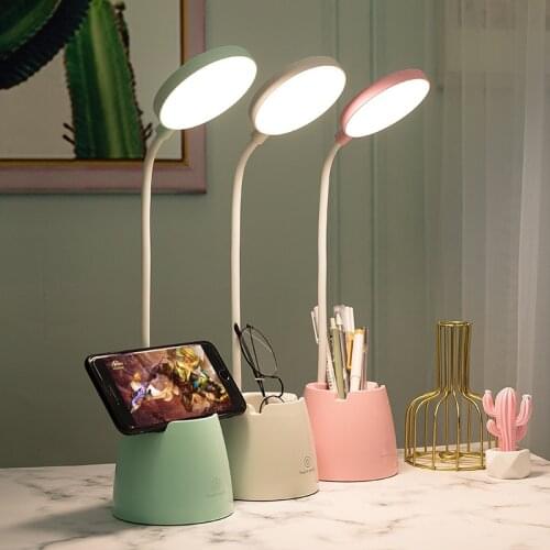 LED Table Lamp With Phone Pen Holder Touch Dimming Flexo Desk Lamp Usb Rechargeable Eye Protection Reading Bedside Night Light