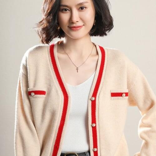 2020 New V-neck 100% Pure wool Knitted Jackets Women Winter Long sleeve 3Colors Sweater Female Merino Wool Cardigans