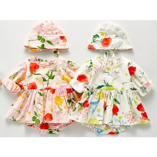 New Baby Girl Bodysuits Baby Girl Long Sleeves Lovely Flower Print Rompers And Hat Baby Girl Bodysuit Newborn Rompers Clothes