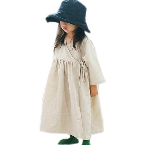 2 to 6 years kids girls long sleeve linen v neck casual midi dress children girl fashion spring beige purple casual dresses