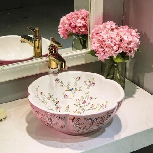 China flower and bird pink with white Painting Art Bathroom Vessel Sinks Round counter top wash basin