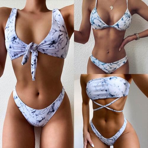 Sport Bandeau Push up Bikinis Sexy Marble Women Swimsuit High Waist Swimwear Women bathing suit Beach Wear 2021 New Print