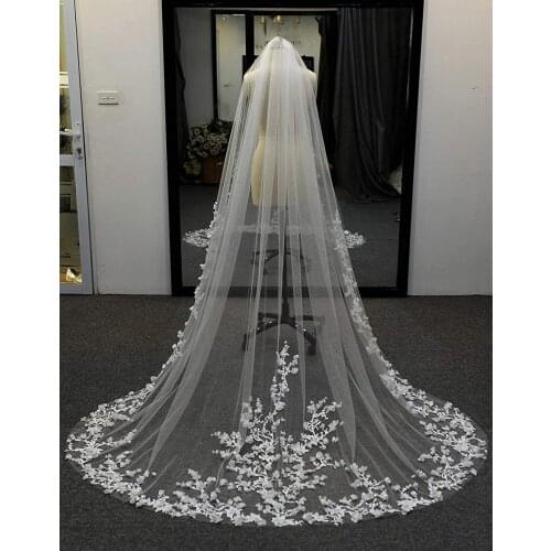 Wedding Veils 3D Flowers Floral Veil 1 Tier Long Cathedral Lace Edge Exquisite Elegant Bridal Veils for Bride with Metal Comb