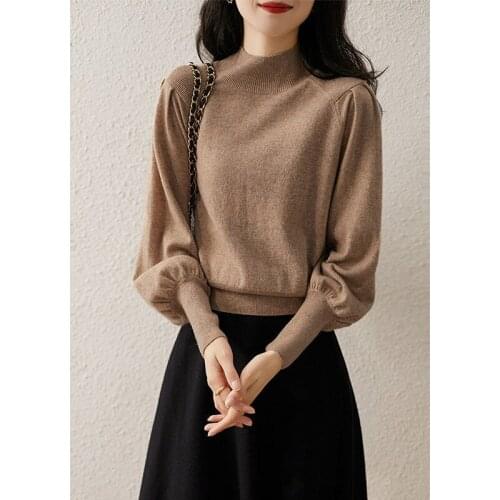 New Fall Knitted Sweater for Women Fashion Winter Half Turtleneck Lantern Sleeve Pullover Crop Tops Bottom Knitwear Clothes