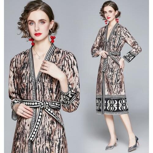 2020 Long Sleeve Autumn Winter Thick Leopard Print Sexy V Neck Belted Tunic Office Straight Knee Length Dress Vestido Feminino