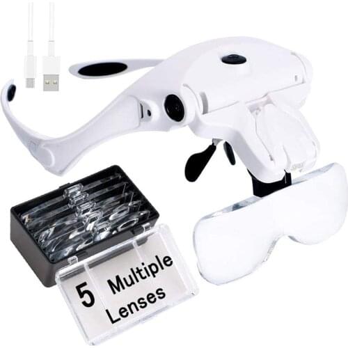 Headband Magnifying Glass, USB Charging Head Magnifier with LED Light Jewelry Craft Watch Hobby 5 Lenses 1.0X 1.5X 2.0X 2.5X 3.5