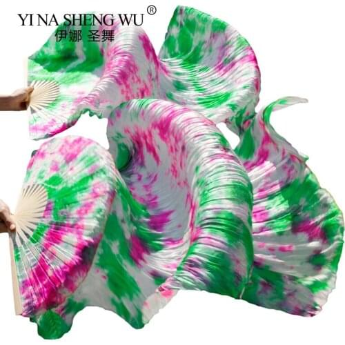 100% Silk Tie Dyed Belly Dance Fans 180/230x90cm Bamboo Ribs Long Silk Fans Dance Practice Stage Performance Show Mixed Color