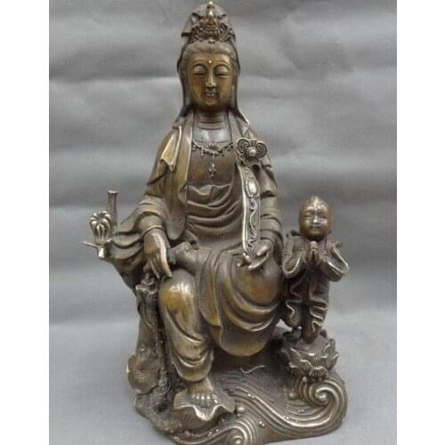 YM 319 12" Chinese Bronze Buddhist RuYi Lotus Kwan-Yin GuanYin Pot Kid Child Statue