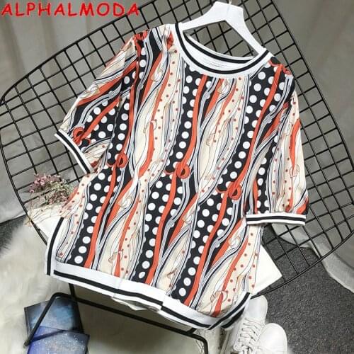 ALPHALMODA Printed Faux Silk T-shirt round Neck Womens 2020 New Summer Loose Shirt All-match Retro Slit Hemline Vintage Top