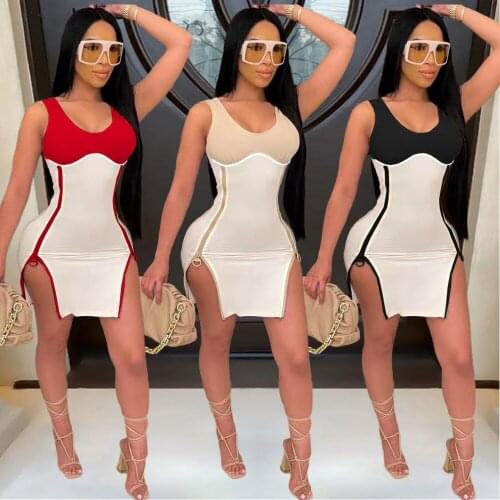 2021 Summer Fashion Sexy Color Matching Split U-Neck Pencil Skirt Sleeveless Back Zipper Skirt Double Zipper Sexy Dress