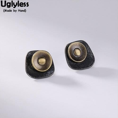 Uglyless Real 925 Sterling Silver Concentric Circle Studs for Women Anti-allergic Black Gold Square Earrings Spinning Geometric