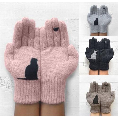 Ladies Woolen Gloves Female New Winter Outdoor Warmth Cold Protected Cat Bird Print Gloves Cute Pink Simple Mitten