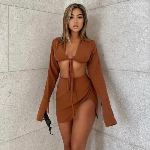 Fashion Sexy Ladies 2 Pieces Outfits Solid Tie-up Long Sleeve V Neck Crop Tops+Wrapped Irregular Skirts Streetwear Women Clothes