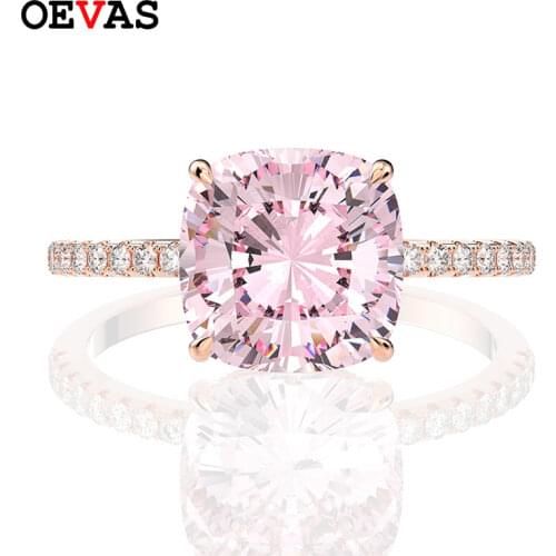 OEVAS 100% 925 Sterling Silver Wedding Rings For Women Sparkling 10*10mm Pink High Carbon Diamond Sparkling Party Fine Jewelry