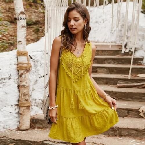 New Summer Dress V-neck Casual Sleeveless Solid Boho Mini Party Dress Women Embroidery Beach Sundress Femme Sexy Vestido