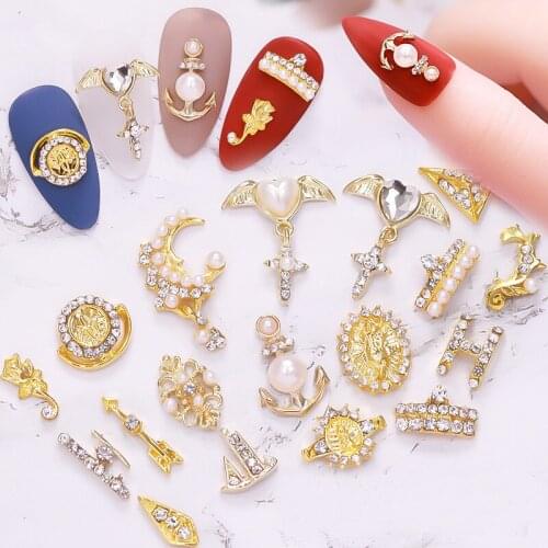 10pcs/lot gold 3D alloy Nail art Decoration 3d Pearl Metal Nail Jewelry Nail Beauty Accessories Japanese Retro Manicure Charms