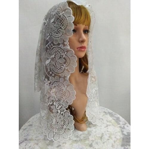 White Embroidery Spanish Lace Mantilla Veil with shinning beads Catholic Veils