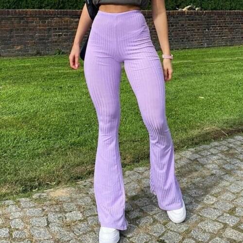 Casual Stylish Women Long Trousers Solid Purple Bell Bottoms Solid Elastic High Waist Rib Knit Stretchy Pants Dance Fall Clothes