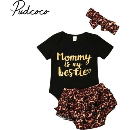 Pudcoco Leopard Clothes Set for Newborn Infant Baby Girl Short Sleeve Tops Mommy is My Bestie Romper Ruffle Shorts Pants Outfits