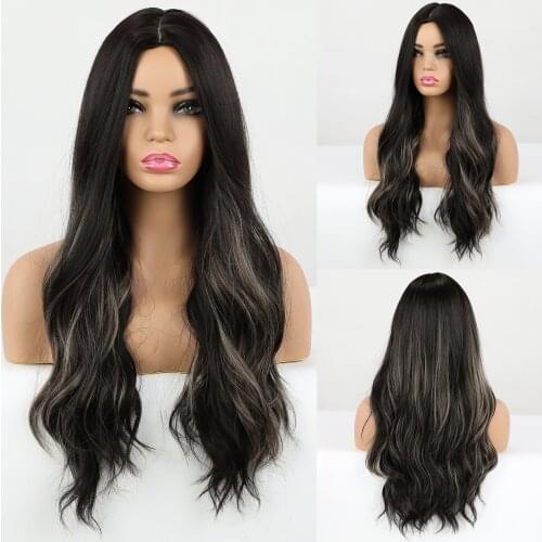 Long Water Wave Synthetic Wigs Middle Part Mixed Black Brown Honey Golden Highlight Wigs for Black Women Heat Resistant Fibre