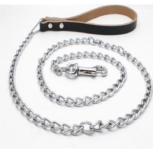 Pet anti-bite chain traction rope 100CM long pure leather handle chrome-plated iron chain
