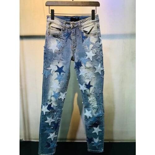 High Quality Streetwear Designer Patchwork Brand Jean Men Hip Hop Leather Star Stitching Ripped Jeans Denim Pant Ripped Tights