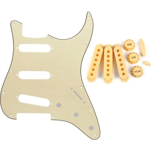 FLEOR Set of 11 Holes ST SSS Guitar Pickguard Scratch Plate Cream Single Coil Pickup Covers 2T1V Knobs Guitar Parts
