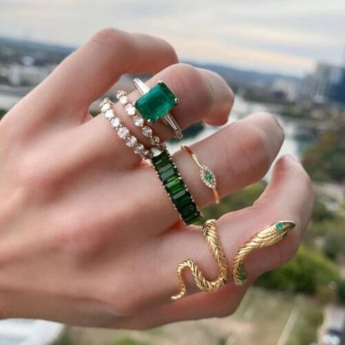 HI MAN 6Pcs/Set Mixed Micro-Inlaid Zircon Evil Eye Snake Geometric Ring Women Vintage Birthday Jewelry Gift Accessories