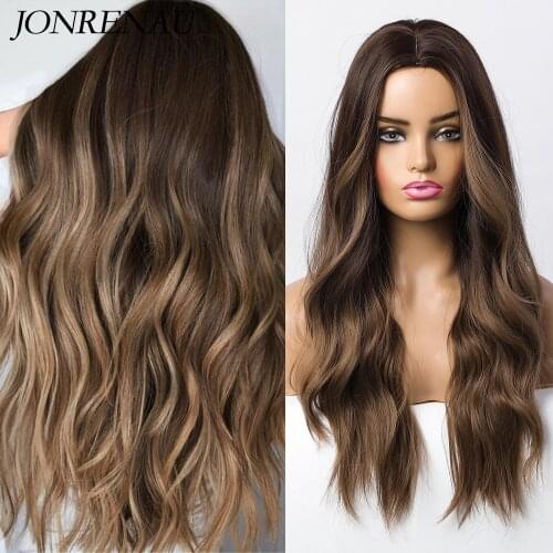 JONRENAU Long Wavy Ombre Dark Brown Blonde Synthetic Wigs for Women Natural Curly Hair Party Daily Use Cosplay Wig
