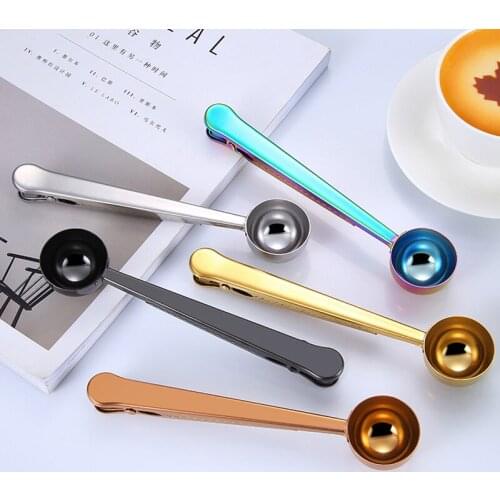Stainless Steel Coffee Scoop With Clip Gold Plated Coffee Tea Scoops Rose Gold Measuring Spoon Kitchen Accessories