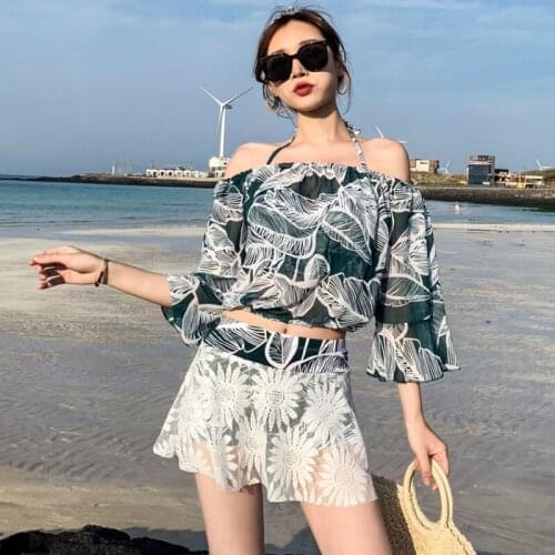 Bikinis Set Womens Summer Three-piece Sexy Swimsuit Smock Plus Size 2XL Sunscreen Floral Printed Mesh Underwire Beach Swimwear