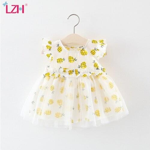LZH 2021summer Printed Pineapple Stitching Mesh Princess Skirt Cotton Dress For A Holiday Sweet Dress For Girls New Baby Clothes