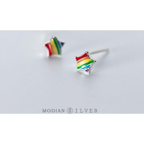 Modian Rainbow Color Cute Enamel Stars Stud Earrings Fashion Charm Real 925 Sterling Silver Jewelry For Women Christmas Gift