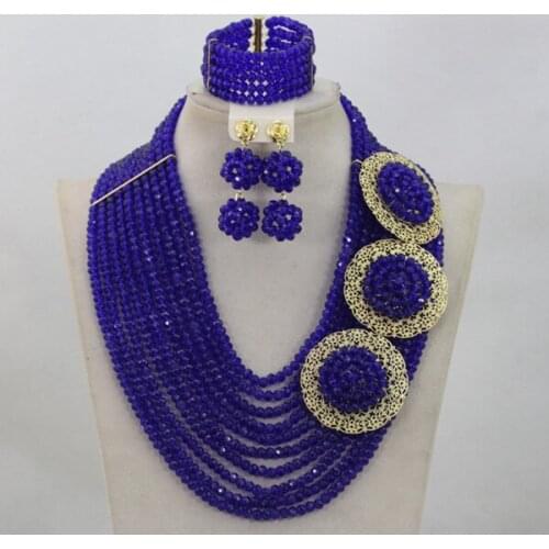 Trendy Royal Blue Nigerian Wedding African Beads Necklace Bracelet Earrings Jewelry Set 10 Layers Wholesale Free Shipping ANJ051