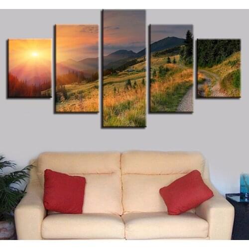 Printing HD Frames Modular Canvas Picture Art 5 Pieces Path Mountain Forest Sunshine Scenery Poster Decor Bedroom Wall Paintings