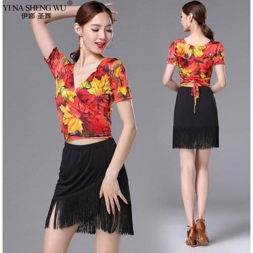 New Belly Dance Costume Set Performance For Women Latin Outfit Maple Leaf 2 Pieces Set Top and Skirt Fringe Salsa Dance Dresses