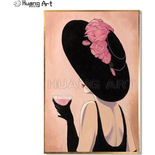 Top Artist Hand-Painted Elegant Lady With Black Hat Oil Painting On Canvas Handmade Modern Woman Portrait Painting