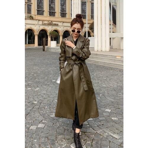 Streetwear Womens PU Leather Jacket 2021 New Spring And Autumn Lace Up Retro Over The Knee Mid-Length Windbreaker Coat zh2999