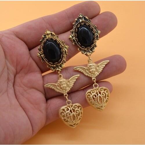 Vintage Gold Color Women Dangle Earrings Baroque Angel Heart Drop Earrings For Party Show Jewelry