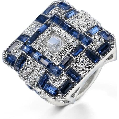 Vintage Style Blue White CZ Zircon Stone Silver Color Square Rings for Women Fashion Wedding Engagement Jewelry Hot Sale