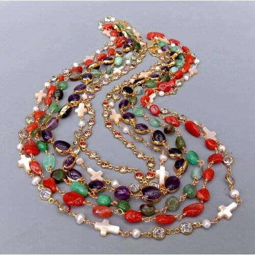 YYGEM 6 Strands Natural Blood Agate Amethyst Chrysoprase Shell Cubic Zirconia Pave Rosary Chain statement Necklace 18"