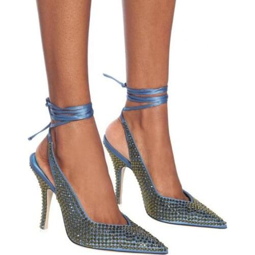 Rhinestone Sandals Women Summer 2021 Fashion Show Stiletto Heels Strap Pointed Toe Ankle Strap Slingbacks Party Dress Shoes