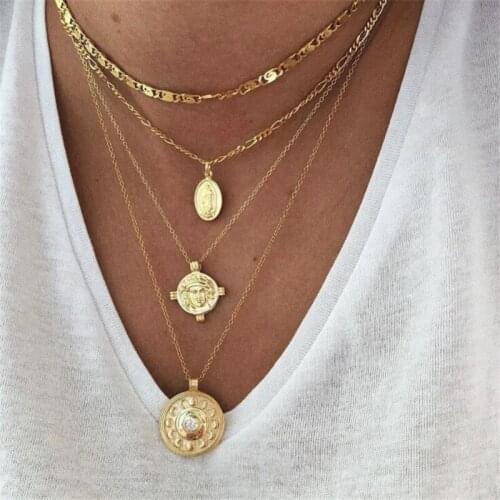 Free Shipping Multilayer Crystal Jesus Coin Pendant Choker Necklaces For Women Sweater Chain Gold Necklace Kolye