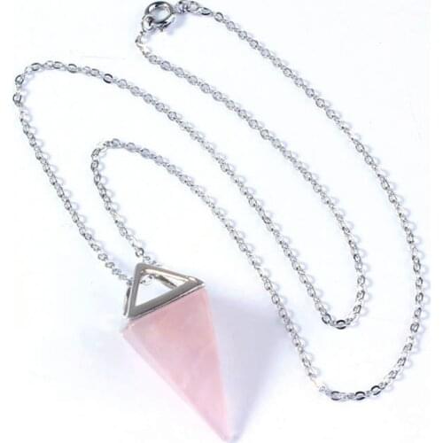 100-Unique Silver Plated Natural Rose Pink Quartz Square Pyramid Pendant Neacklace Amulet Jewelry